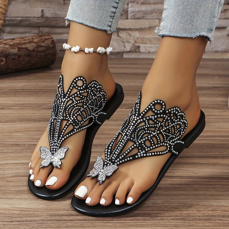Women's Rhinestone & Butterfly Decor Slide Sandals, Casual Clip Toe Flat Summer Shoes, Lightweight Hollow Out Design Slide Sandals