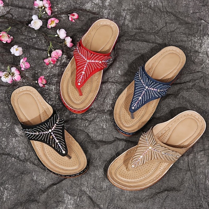Open Toe Boho Casual Sandals, Hollow Out Flip Flops Summer Wedge Sneakers, Women's Footwear