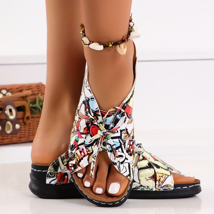 Women's Solid Color Platform Sandals, Lace Up Trendy Soft Sole Slides, Versatile Summer Wedge Slides Shoes