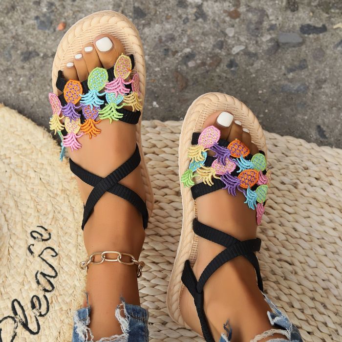 Women's Pineapple Decoration Flat Sandals, Casual Crisscross Strap Summer Beach Shoes, Bohemian Elastic Band Vacation Shoes