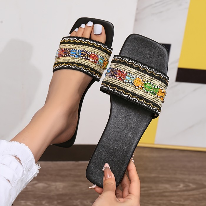 Women's Colorful Woven Flat Slides, Boho Style Single Band Square Open Toe Shoes, Comfy Summer Beach Slides