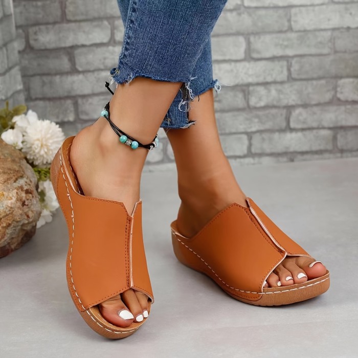 Women's Solid Color Stylish Sandals, Platform Slip On Soft Sole Summer Walking Shoes, Low Wedge Comfort Shoes