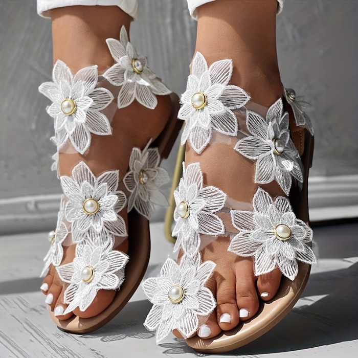 Women's Flowers Flat Sandals, Fashion Toe Loop Faux Pearl Slip On Shoes, Casual Beach Travel Sandals