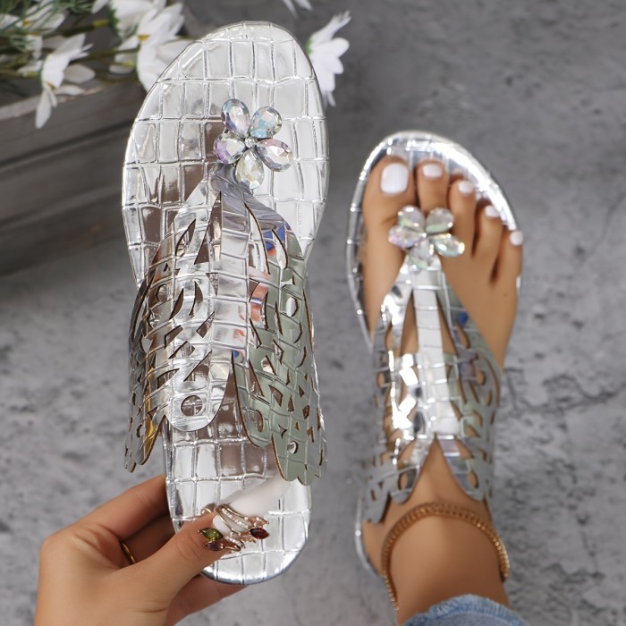 Women's Bohemian Rhinestone Decor Slides Sandals, Fashion Metallic Clip Toe Summer Shoes, Lightweight Beach Shoes