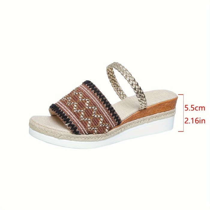 Women's Wedge Slide Sandals, Boho Style Braided Detail Peep Toe Slip On Shoes, Casual Summer Vacation Outdoor Slide Shoes