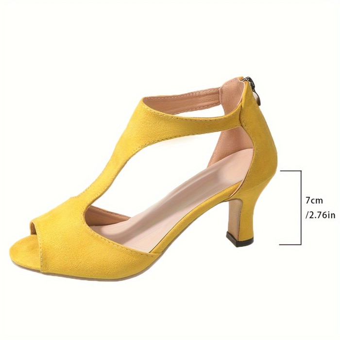 Women's Solid Color Stylish Sandals, Back Zipper Hollow Out Chunky Heel Shoes, Summer Peep Toe Casual Shoes