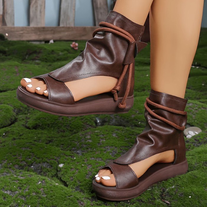 Women's Solid Color Stylish Sandals, Back Zipper Platform Soft Sole Side Cut Out Shoes, Low Wedge High-top Shoes