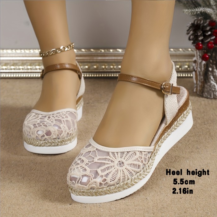 Women's Flower Lace Wedge Sandals, Boho Style Closed Toe Ankle Strap Platform Shoes, Casual Summer Vacation Sandals