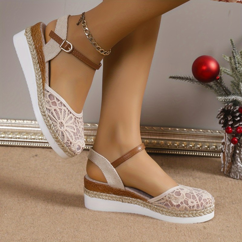 Women's Flower Lace Wedge Sandals, Boho Style Closed Toe Ankle Strap Platform Shoes, Casual Summer Vacation Sandals