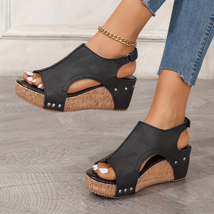 Women's Retro Wedge Sandals, Peep Toe Buckle Strap Slingback Platform Shoes, Casual Summer Outside Sandals