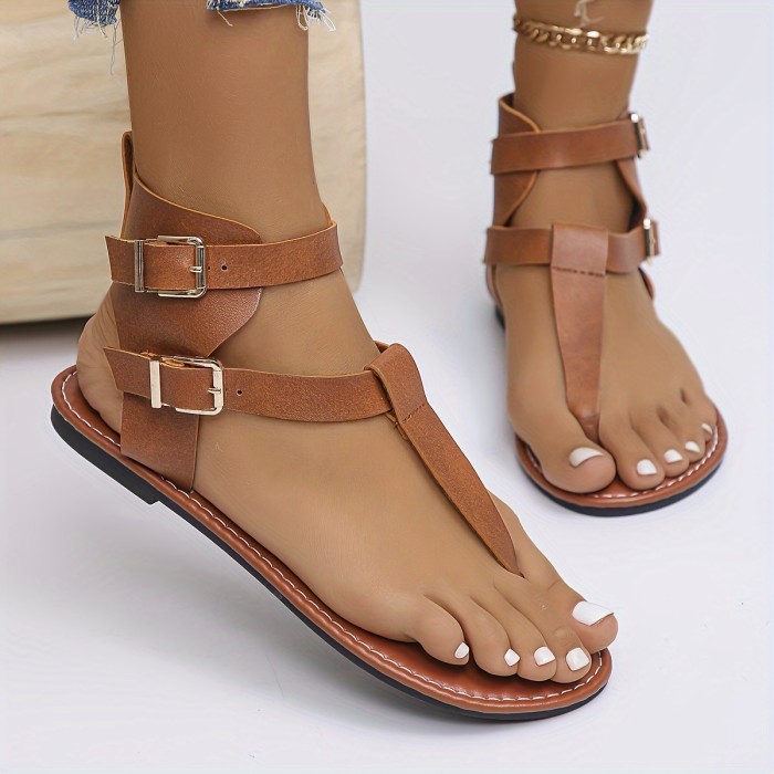Women's Solid Color Thong Sandals, Buckle Belts Lightweight Soft Sole Casual Shoes, Vacation Summer Beach Shoes for Koningsdag\u002FKing's Day