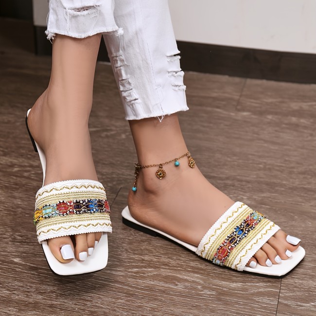 Women's Colorful Woven Flat Slides, Boho Style Single Band Square Open Toe Shoes, Comfy Summer Beach Slides