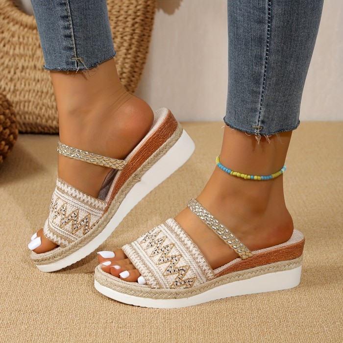 Women's Wedge Slide Sandals, Boho Style Braided Detail Peep Toe Slip On Shoes, Casual Summer Vacation Outdoor Slide Shoes