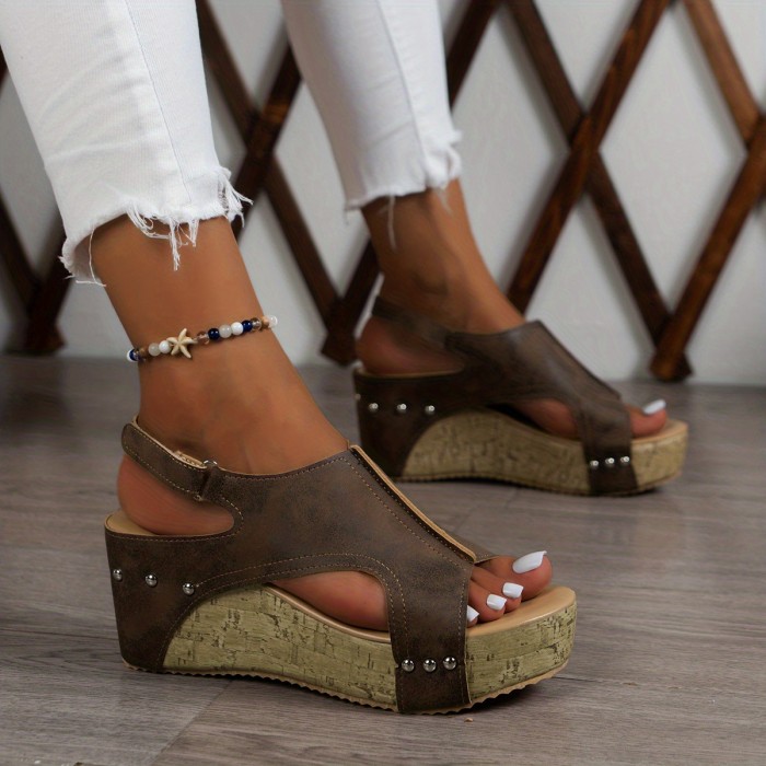 Women's Vintage Platform Sandals, Peep Toe Side Cut Out Slingback Casual Shoes, Summer Comfy Wedge Shoes