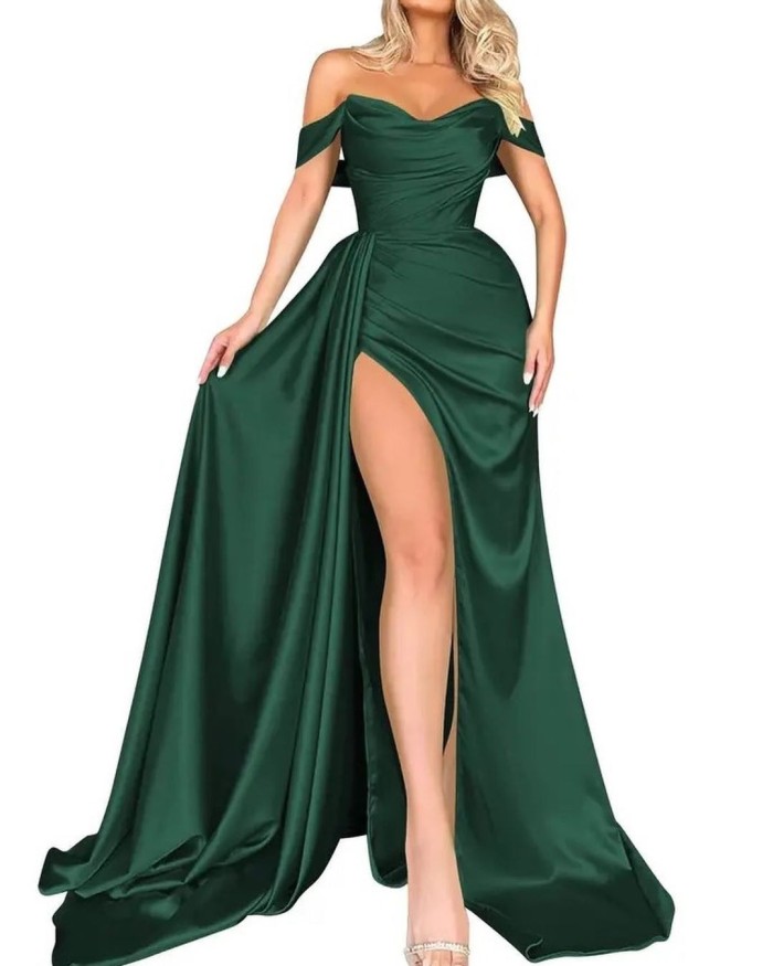 Fashionable Elegant High Slit Sexy Wedding One Shoulder Party Evening Dress