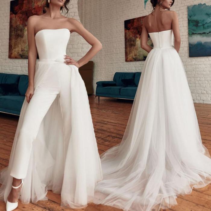 Fashion White Tulle Strapless Backless Elegant Sexy Party Jumpsuit