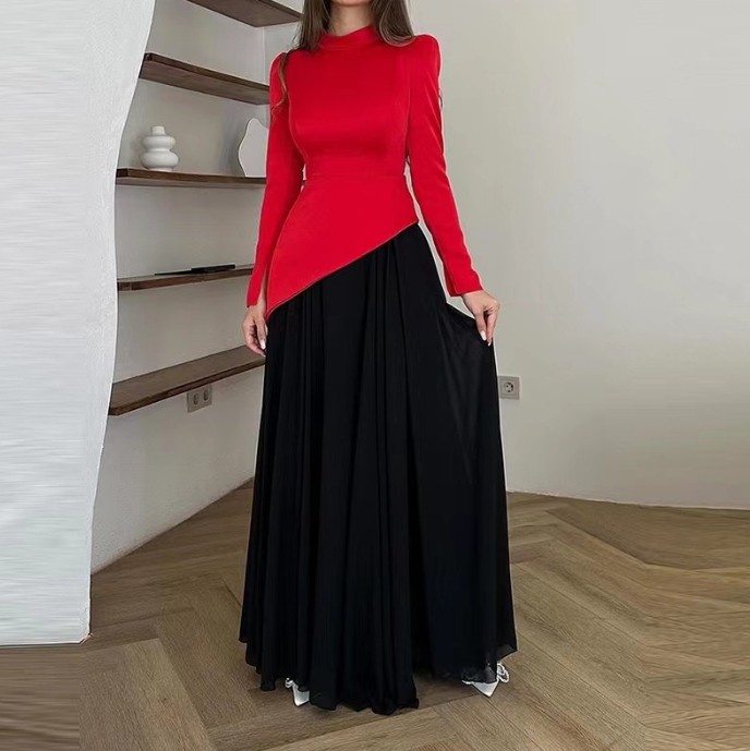 Solid Color Fashion Slim Fit Long Sleeve High Waist Panel Design Contrast Color Pleated Dress