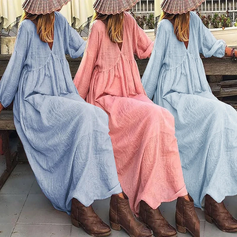 Women's Solid Color Elegant Puff Sleeve V Neck Extra Long Loose Bohemian Dress