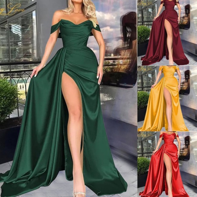 Fashionable Elegant High Slit Sexy Wedding One Shoulder Party Evening Dress