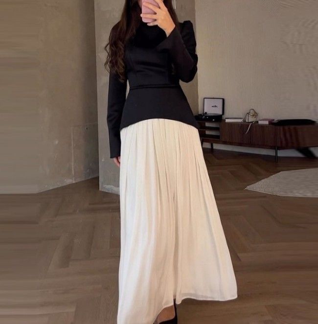 Solid Color Fashion Slim Fit Long Sleeve High Waist Panel Design Contrast Color Pleated Dress