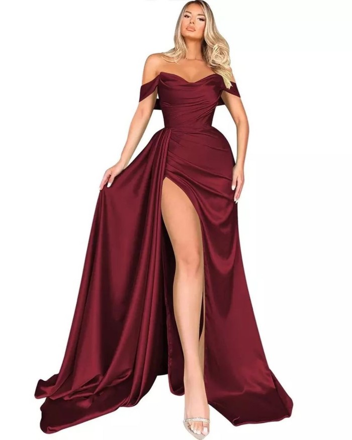Fashionable Elegant High Slit Sexy Wedding One Shoulder Party Evening Dress