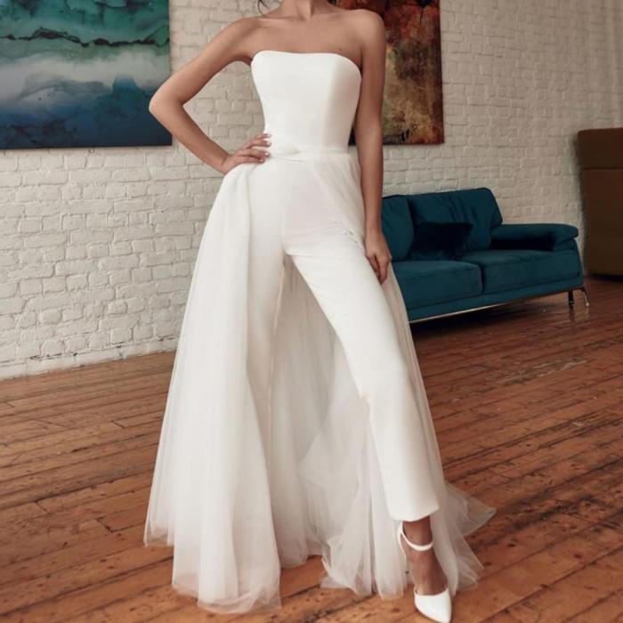 Fashion White Tulle Strapless Backless Elegant Sexy Party Jumpsuit