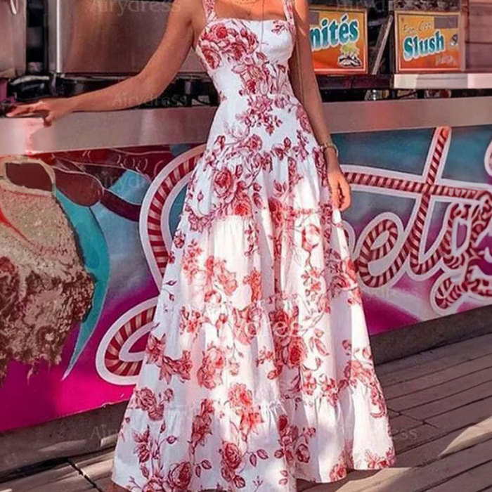 Elegant Temperament Sleeveless Print Fashion Square Neckedslim Fashion Party Club Dress