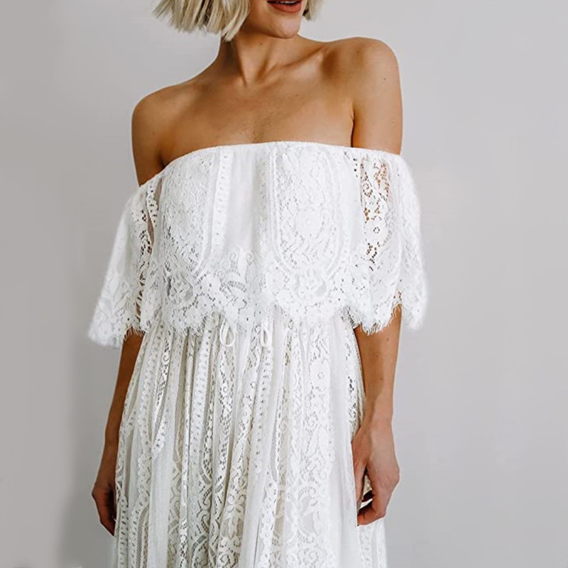 White Lace V Neck Fashionable Elegant Party  Vacation Dress