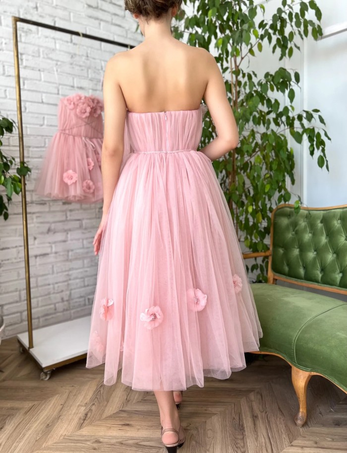 Elegant Fashion Pink Tulle Off-shoulder Floral Sleeveless Party Prom Guest Dress