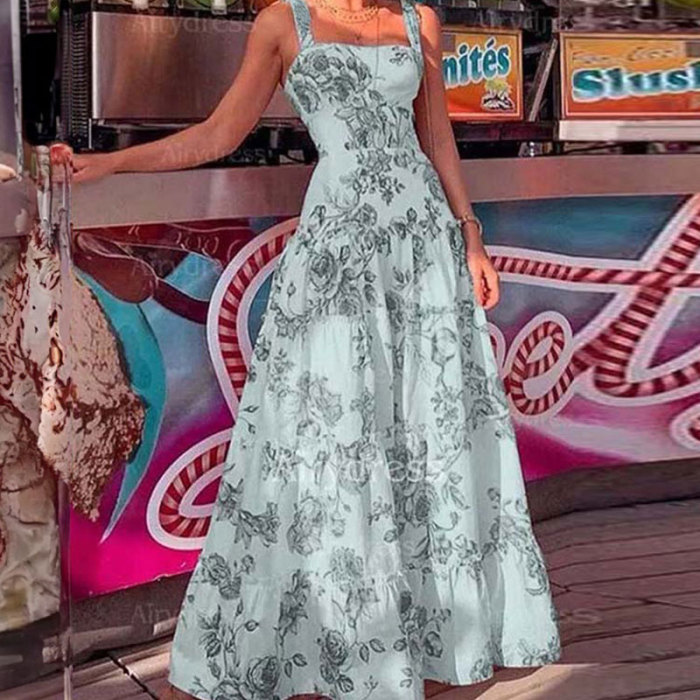 Elegant Temperament Sleeveless Print Fashion Square Neckedslim Fashion Party Club Dress