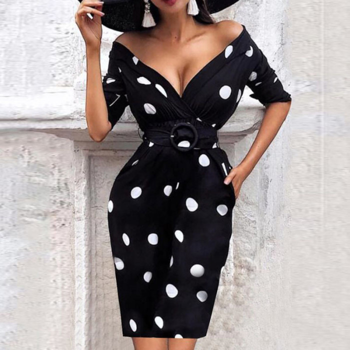 Sexy New Long Sleeve Hip Wrap V Neck Polka Dot Pencil Cocktail  Mini Dress