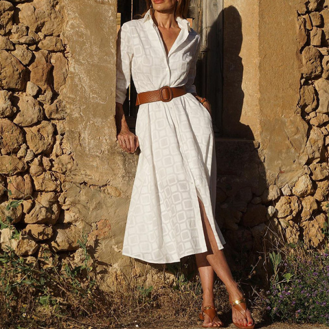 Fashion Bohemian Long Sleeve Lapel Button Loose Casual Dress