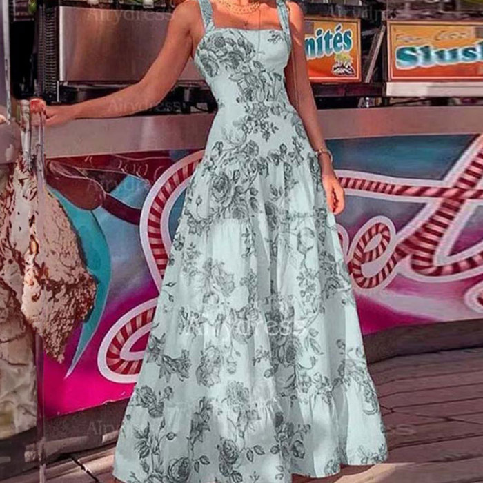 Elegant Temperament Sleeveless Print Fashion Square Neckedslim Fashion Party Club Dress