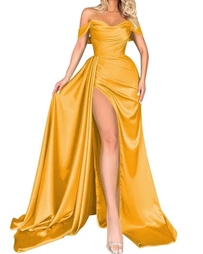 Fashionable Elegant High Slit Sexy Wedding One Shoulder Party Evening Dress