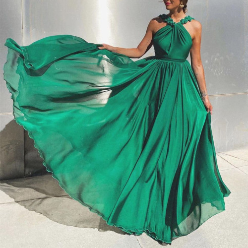 Casual Sleeveless Pleated Elegant Halterneck Strappy Solid Color High Waist Swing Dress