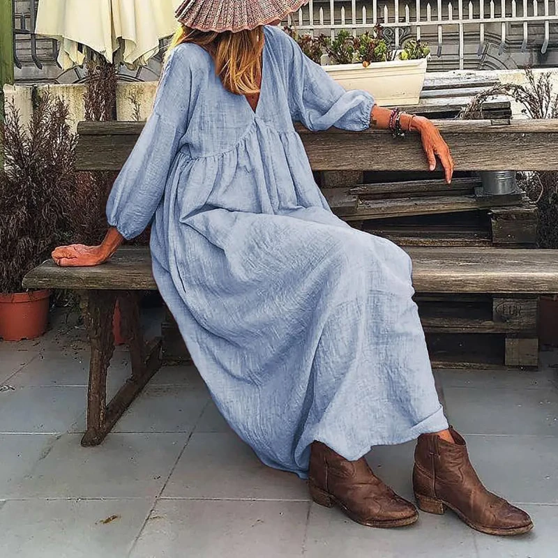 Women's Solid Color Elegant Puff Sleeve V Neck Extra Long Loose Bohemian Dress