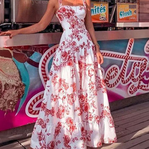 Elegant Temperament Sleeveless Print Fashion Square Neckedslim Fashion Party Club Dress