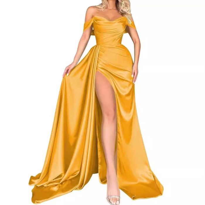 Fashionable Elegant High Slit Sexy Wedding One Shoulder Party Evening Dress