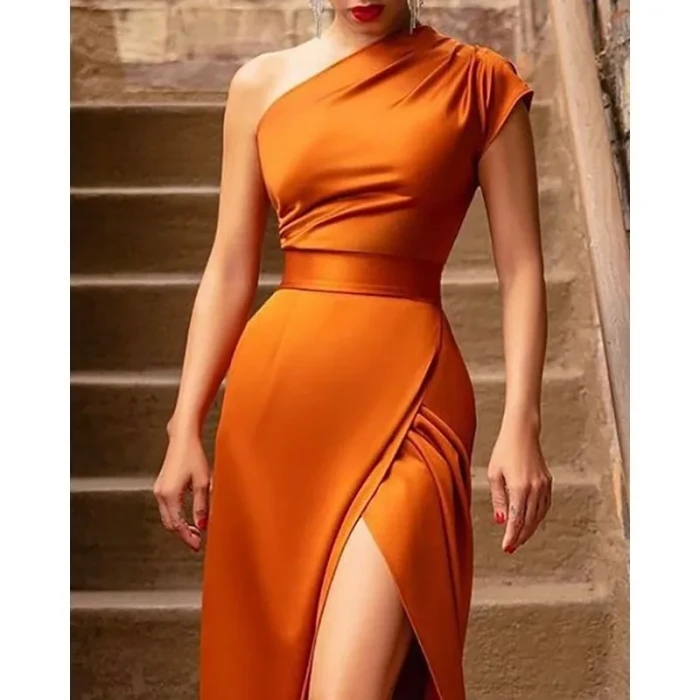 Elegant Formal Solid Slit Asymmetrical Oblique Collar Evening Dress