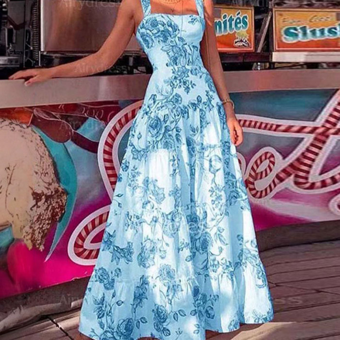 Elegant Temperament Sleeveless Print Fashion Square Neckedslim Fashion Party Club Dress