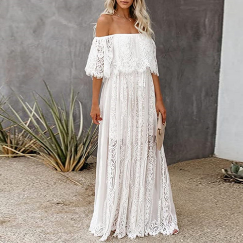 White Lace V Neck Fashionable Elegant Party  Vacation Dress