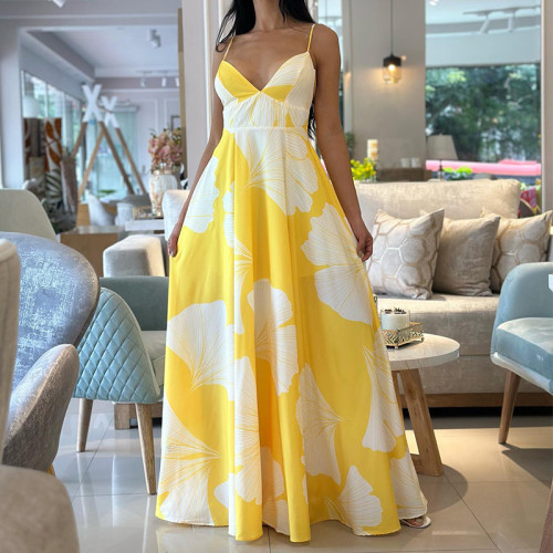 Casual Loose Swing A-line Maxi Strap Sexy High Waist Printed Dress