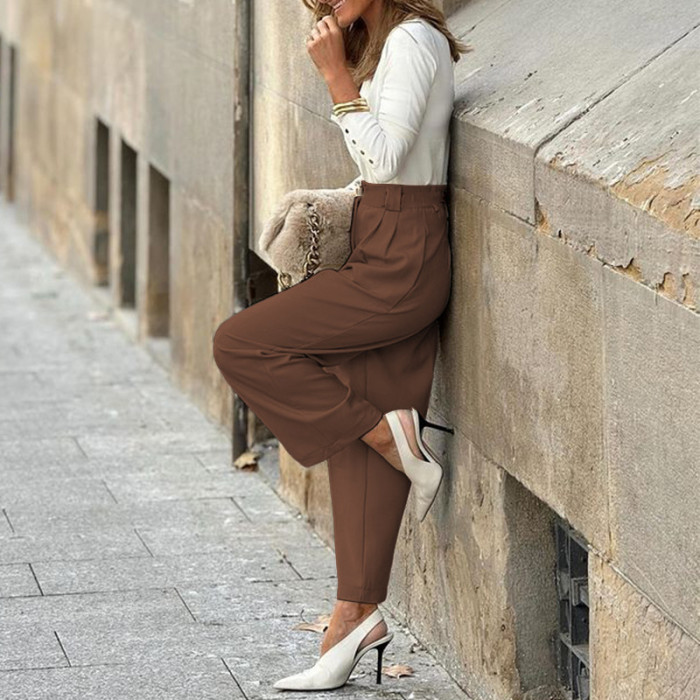 Elegant Solid Color Temperament Fashion High Waist Straight Pants