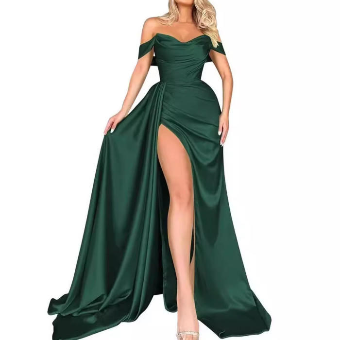 Fashionable Elegant High Slit Sexy Wedding One Shoulder Party Evening Dress