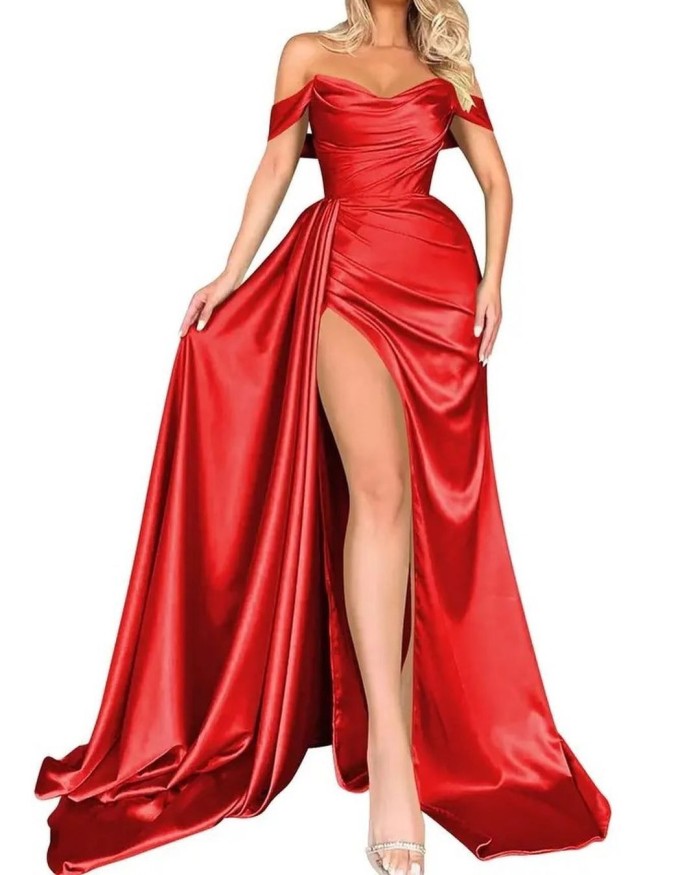Fashionable Elegant High Slit Sexy Wedding One Shoulder Party Evening Dress