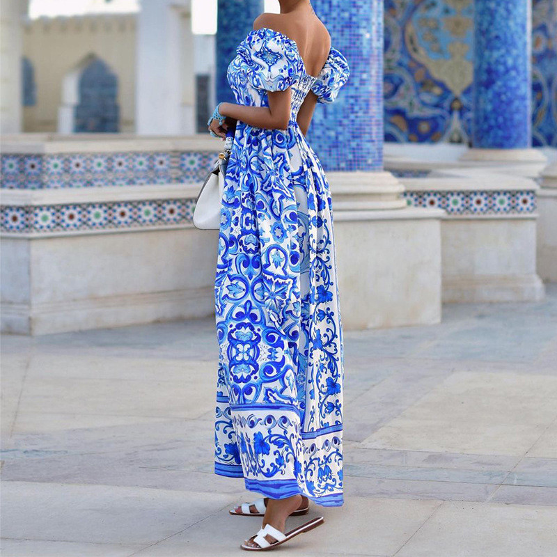 Printed Pleated Backless Bohemian Elegant Off Shoulder Puff Sleeve Party Maxi Dress