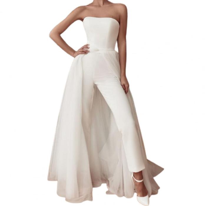 Fashion White Tulle Strapless Backless Elegant Sexy Party Jumpsuit