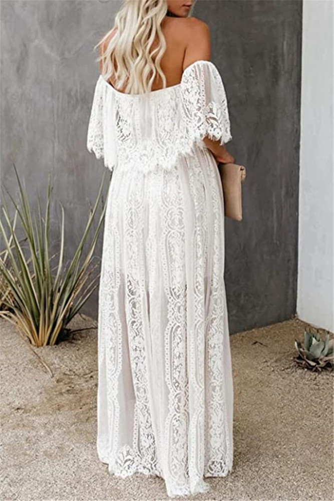 White Lace V Neck Fashionable Elegant Party  Vacation Dress