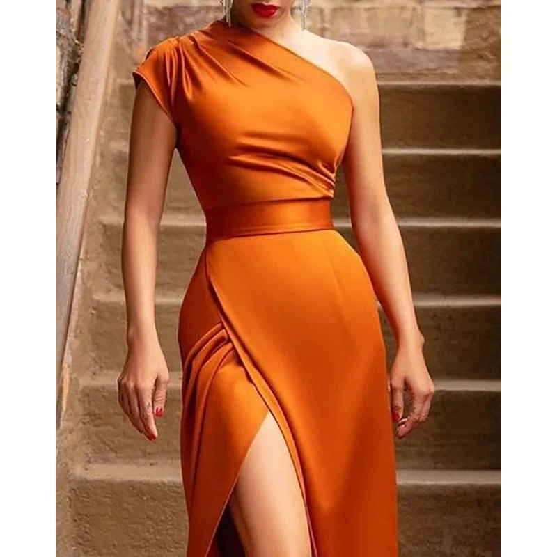 Elegant Formal Solid Slit Asymmetrical Oblique Collar Evening Dress