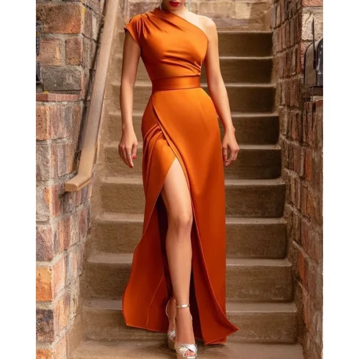 Elegant Formal Solid Slit Asymmetrical Oblique Collar Evening Dress